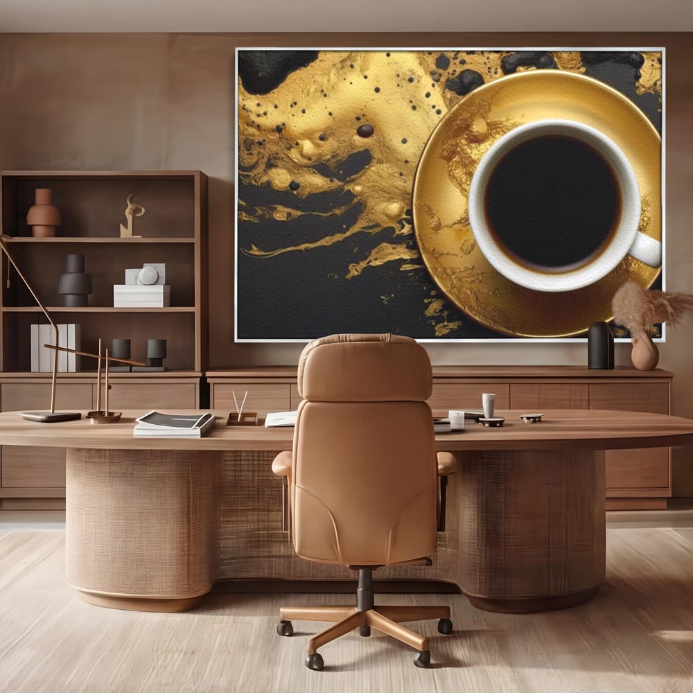 Tablou Canvas Premium, LuxCanva® N1082, Cafeaua Zeilor, Aur, Negru, Cafea, Espresso, Elegant, Lux, Spuma, Aroma, Modern, Cafenea, Pub, Bar, Lounge, Restaurant, Bucatarie