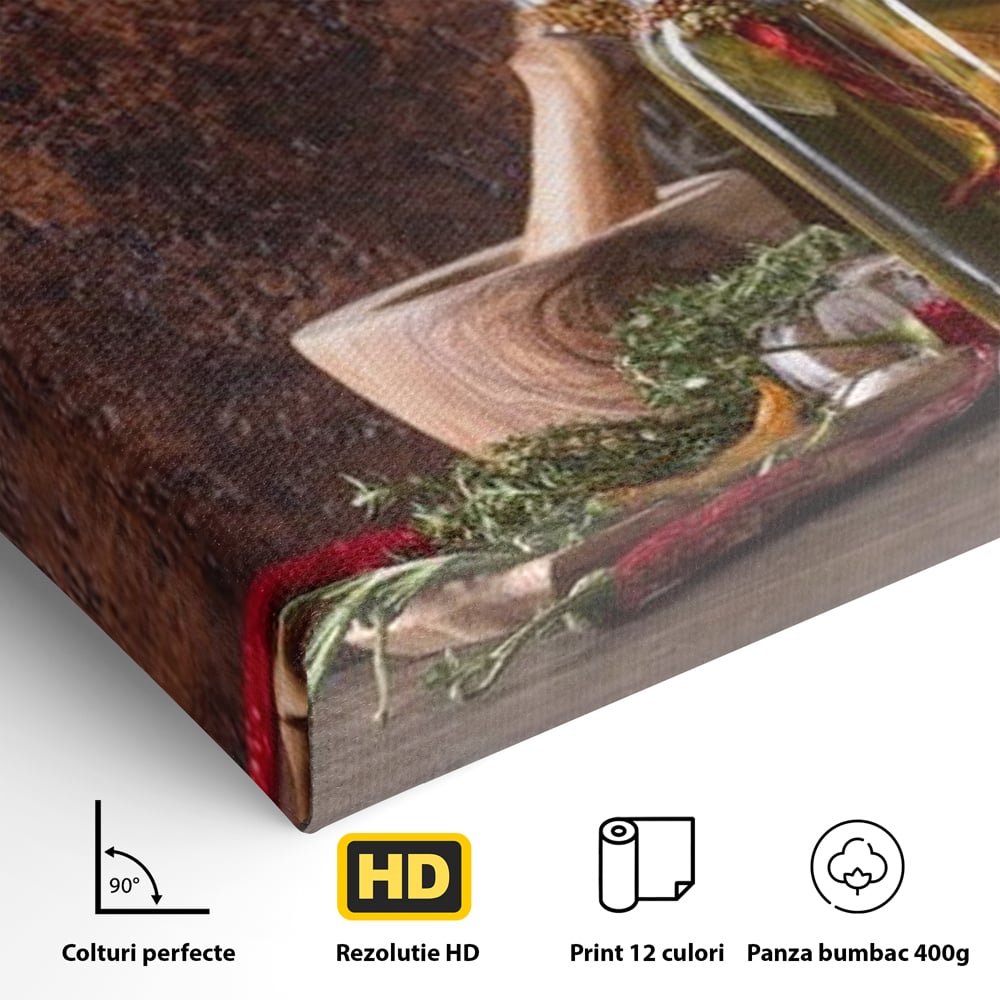 Tablou Canvas Premium, LuxCanva® N1083, Secretul Bucatarului, Sticle, Ulei, Condimente, Ierburi, Picanterie, Rustic, Italian, Traditie, Ingrediente, Gastronomie, Restaurant, Bucatarie