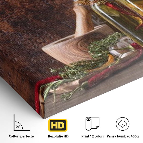 Tablou Canvas Premium, LuxCanva® N1083, Secretul Bucatarului, Sticle, Ulei, Condimente, Ierburi, Picanterie, Rustic, Italian, Traditie, Ingrediente, Gastronomie, Restaurant, Bucatarie