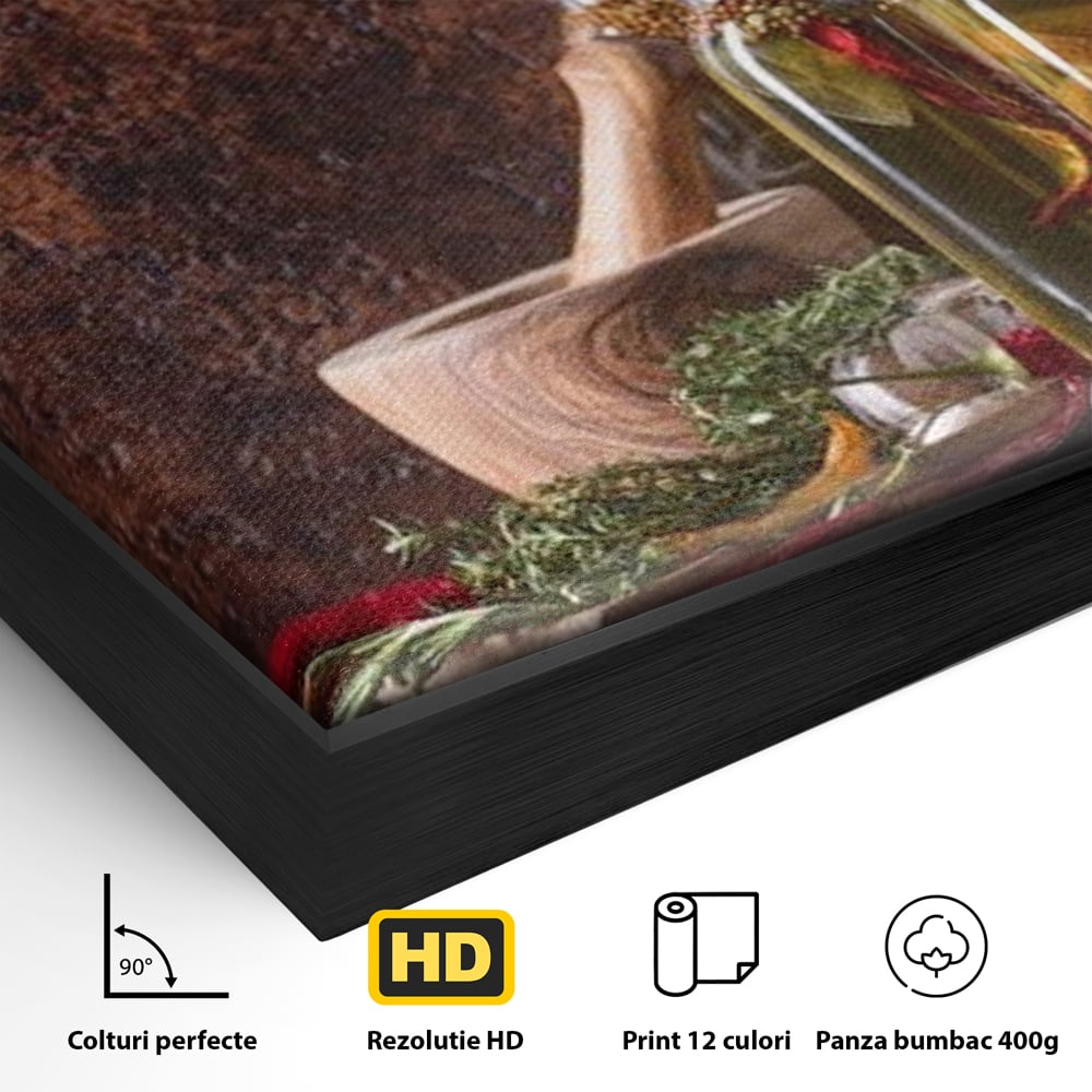 Tablou Canvas Premium, LuxCanva® N1083, Secretul Bucatarului, Sticle, Ulei, Condimente, Ierburi, Picanterie, Rustic, Italian, Traditie, Ingrediente, Gastronomie, Restaurant, Bucatarie