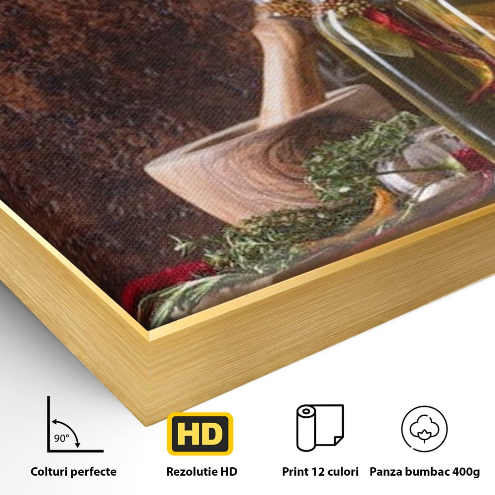 Tablou Canvas Premium, LuxCanva® N1083, Secretul Bucatarului, Sticle, Ulei, Condimente, Ierburi, Picanterie, Rustic, Italian, Traditie, Ingrediente, Gastronomie, Restaurant, Bucatarie