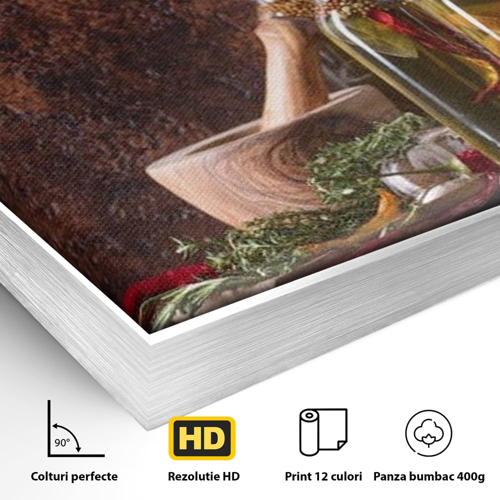 Tablou Canvas Premium, LuxCanva® N1083, Secretul Bucatarului, Sticle, Ulei, Condimente, Ierburi, Picanterie, Rustic, Italian, Traditie, Ingrediente, Gastronomie, Restaurant, Bucatarie