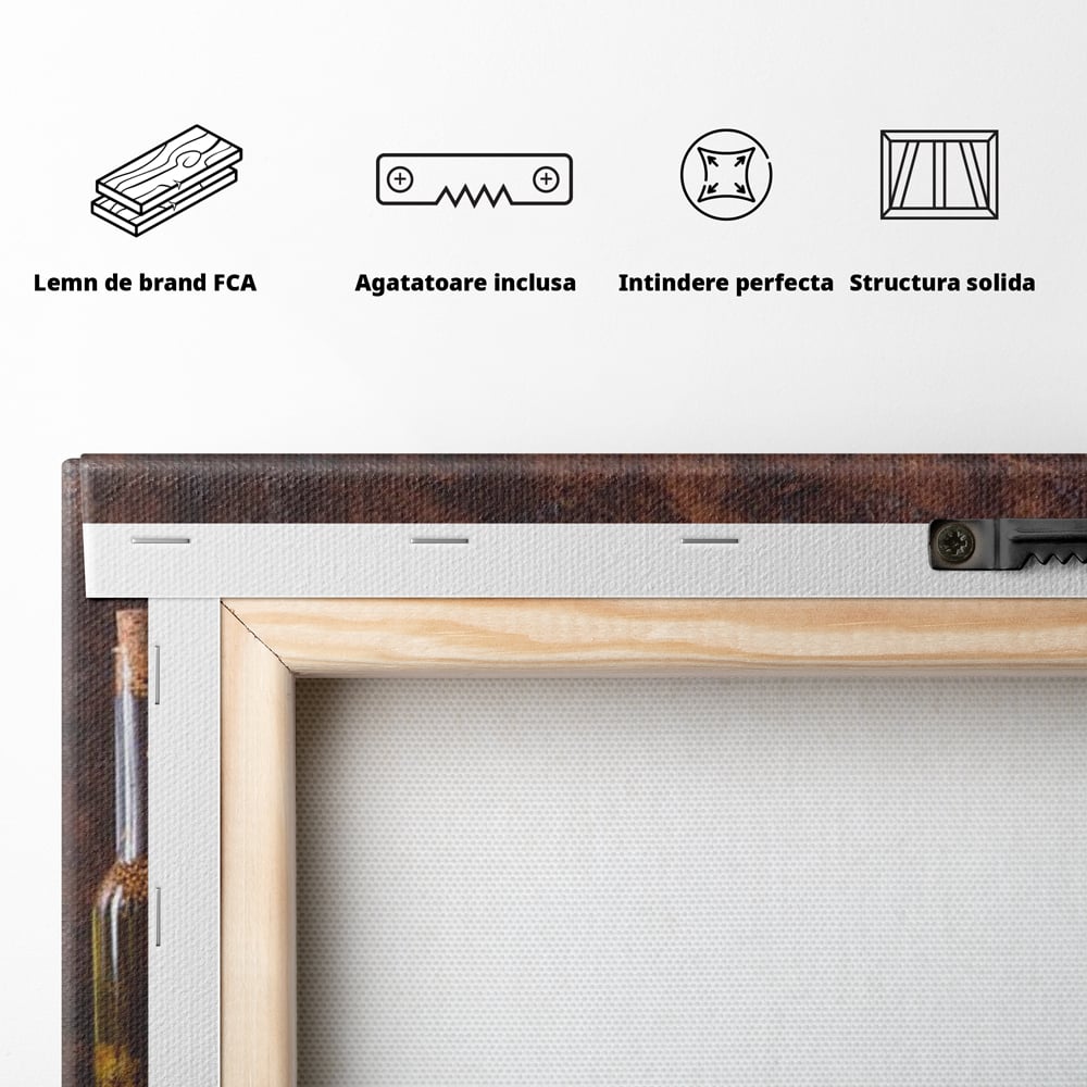 Tablou Canvas Premium, LuxCanva® N1083, Secretul Bucatarului, Sticle, Ulei, Condimente, Ierburi, Picanterie, Rustic, Italian, Traditie, Ingrediente, Gastronomie, Restaurant, Bucatarie