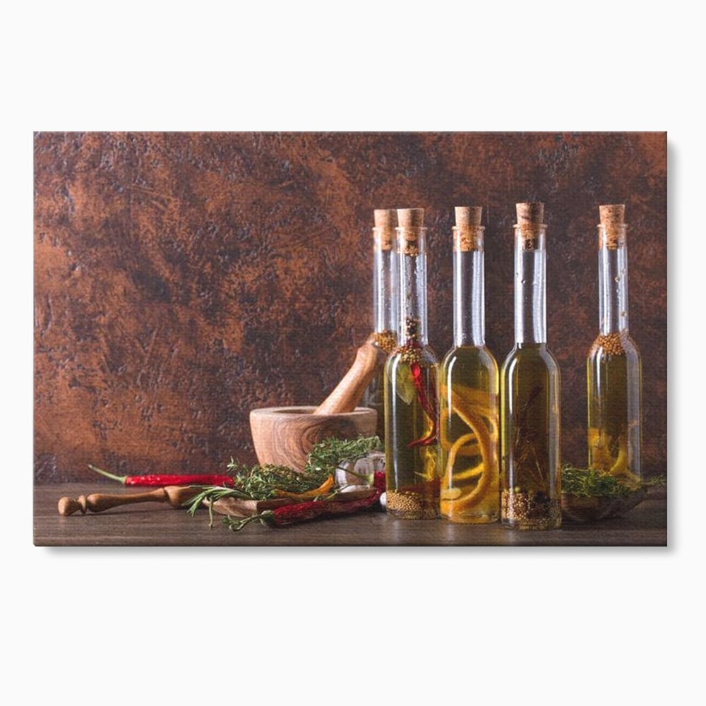 Tablou Canvas Premium, LuxCanva® N1083, Secretul Bucatarului, Sticle, Ulei, Condimente, Ierburi, Picanterie, Rustic, Italian, Traditie, Ingrediente, Gastronomie, Restaurant, Bucatarie