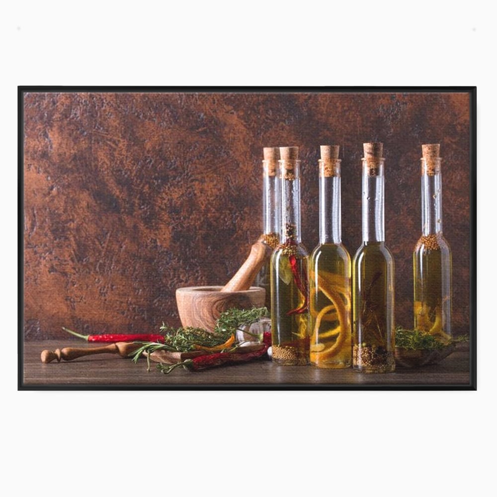 Tablou Canvas Premium, LuxCanva® N1083, Secretul Bucatarului, Sticle, Ulei, Condimente, Ierburi, Picanterie, Rustic, Italian, Traditie, Ingrediente, Gastronomie, Restaurant, Bucatarie