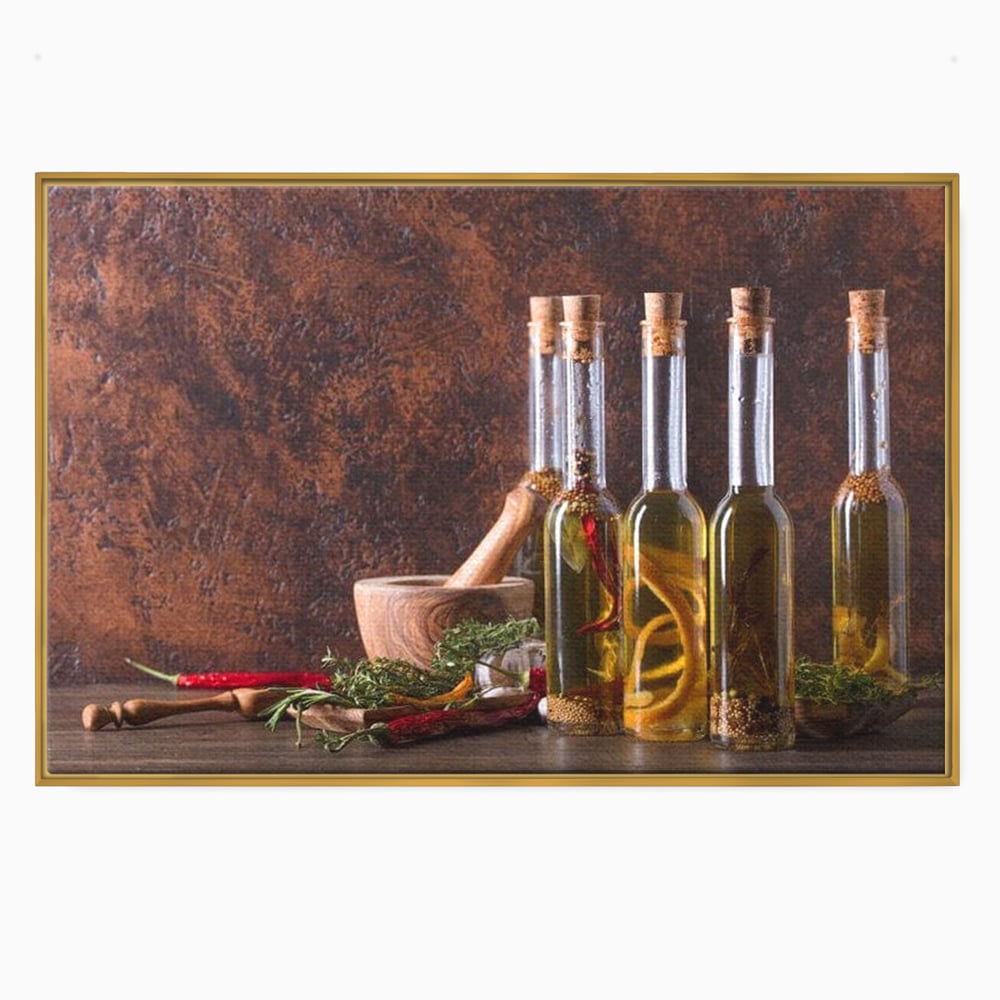 Tablou Canvas Premium, LuxCanva® N1083, Secretul Bucatarului, Sticle, Ulei, Condimente, Ierburi, Picanterie, Rustic, Italian, Traditie, Ingrediente, Gastronomie, Restaurant, Bucatarie