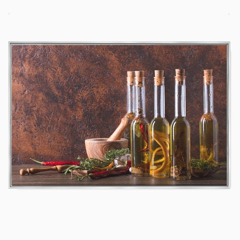 Tablou Canvas Premium, LuxCanva® N1083, Secretul Bucatarului, Sticle, Ulei, Condimente, Ierburi, Picanterie, Rustic, Italian, Traditie, Ingrediente, Gastronomie, Restaurant, Bucatarie
