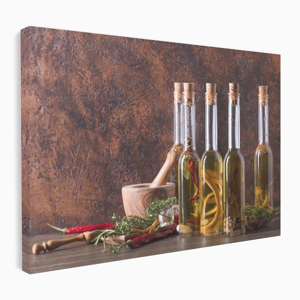 Tablou Canvas Premium, LuxCanva® N1083, Secretul Bucatarului, Sticle, Ulei, Condimente, Ierburi, Picanterie, Rustic, Italian, Traditie, Ingrediente, Gastronomie, Restaurant, Bucatarie