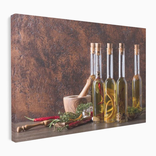 Tablou Canvas Premium, LuxCanva® N1083, Secretul Bucatarului, Sticle, Ulei, Condimente, Ierburi, Picanterie, Rustic, Italian, Traditie, Ingrediente, Gastronomie, Restaurant, Bucatarie