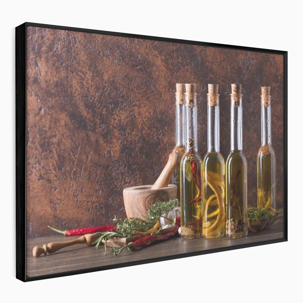 Tablou Canvas Premium, LuxCanva® N1083, Secretul Bucatarului, Sticle, Ulei, Condimente, Ierburi, Picanterie, Rustic, Italian, Traditie, Ingrediente, Gastronomie, Restaurant, Bucatarie