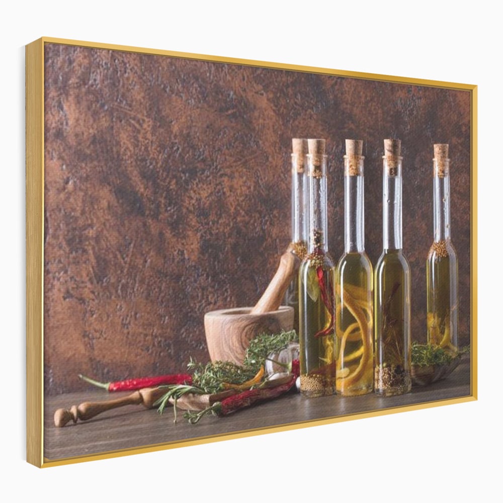 Tablou Canvas Premium, LuxCanva® N1083, Secretul Bucatarului, Sticle, Ulei, Condimente, Ierburi, Picanterie, Rustic, Italian, Traditie, Ingrediente, Gastronomie, Restaurant, Bucatarie