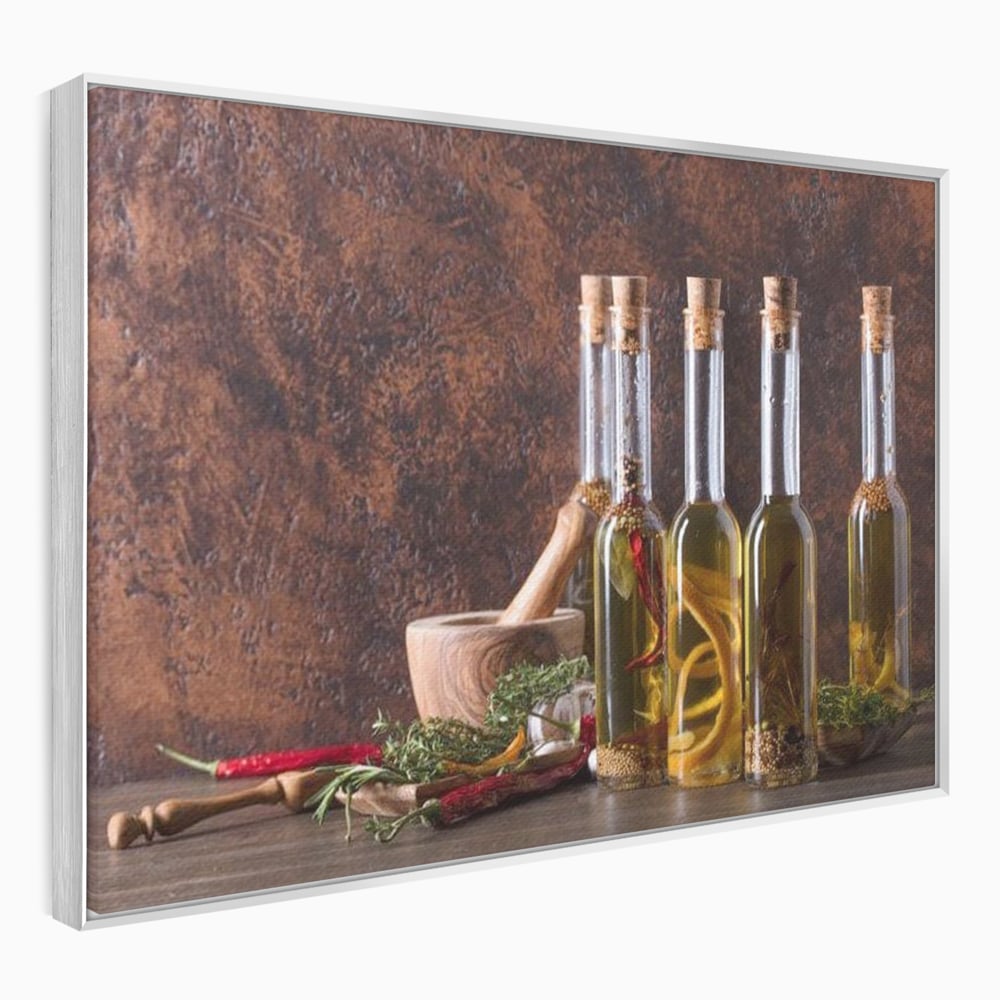 Tablou Canvas Premium, LuxCanva® N1083, Secretul Bucatarului, Sticle, Ulei, Condimente, Ierburi, Picanterie, Rustic, Italian, Traditie, Ingrediente, Gastronomie, Restaurant, Bucatarie