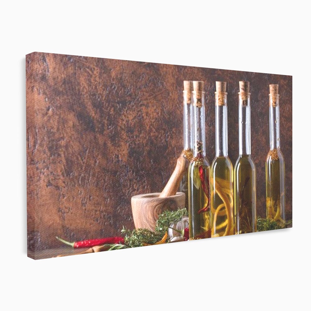 Tablou Canvas Premium, LuxCanva® N1083, Secretul Bucatarului, Sticle, Ulei, Condimente, Ierburi, Picanterie, Rustic, Italian, Traditie, Ingrediente, Gastronomie, Restaurant, Bucatarie