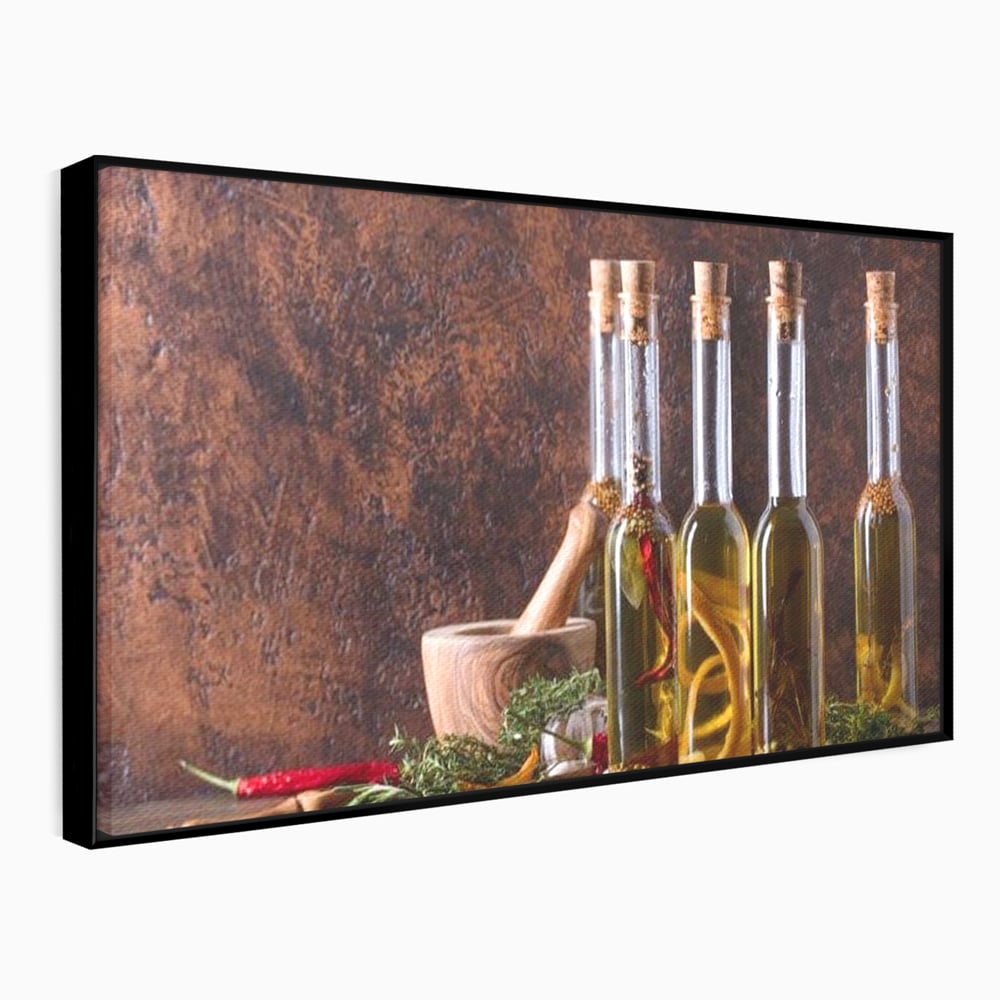 Tablou Canvas Premium, LuxCanva® N1083, Secretul Bucatarului, Sticle, Ulei, Condimente, Ierburi, Picanterie, Rustic, Italian, Traditie, Ingrediente, Gastronomie, Restaurant, Bucatarie