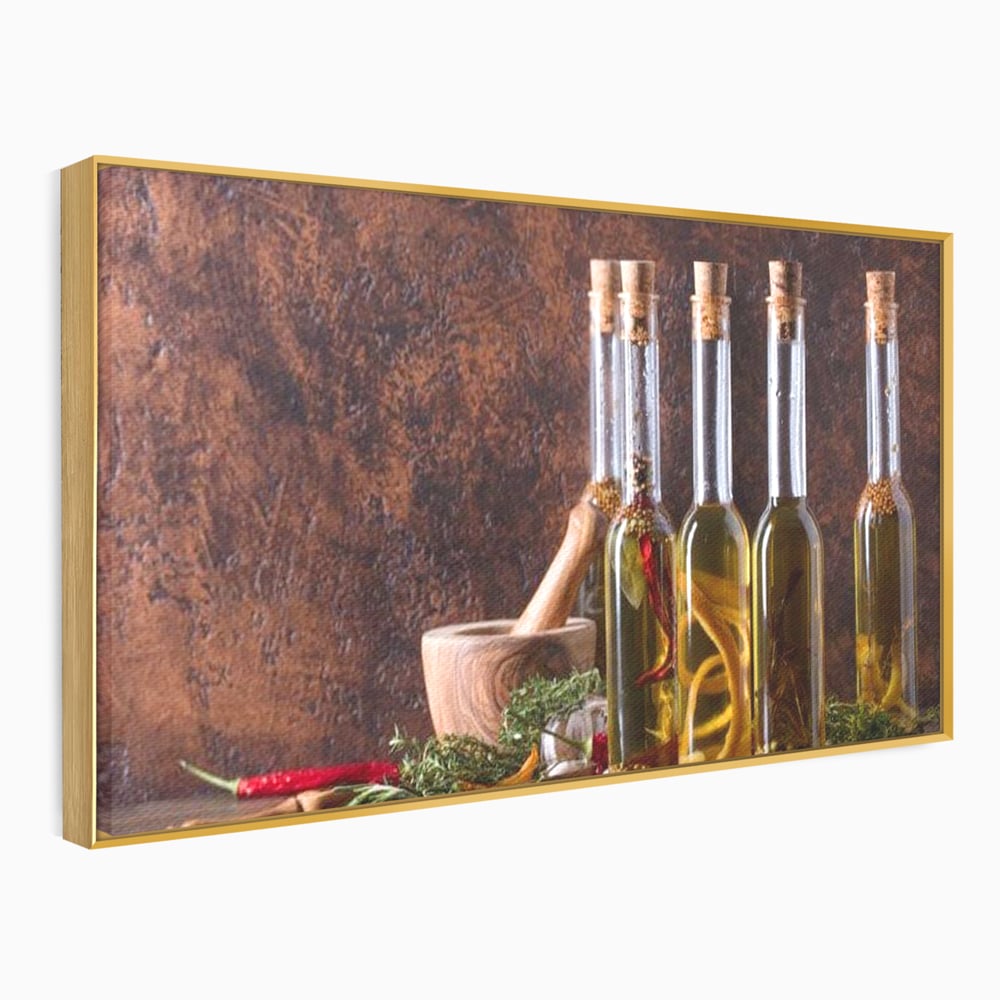 Tablou Canvas Premium, LuxCanva® N1083, Secretul Bucatarului, Sticle, Ulei, Condimente, Ierburi, Picanterie, Rustic, Italian, Traditie, Ingrediente, Gastronomie, Restaurant, Bucatarie