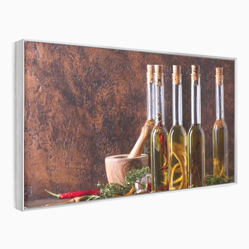 Tablou Canvas Premium, LuxCanva® N1083, Secretul Bucatarului, Sticle, Ulei, Condimente, Ierburi, Picanterie, Rustic, Italian, Traditie, Ingrediente, Gastronomie, Restaurant, Bucatarie