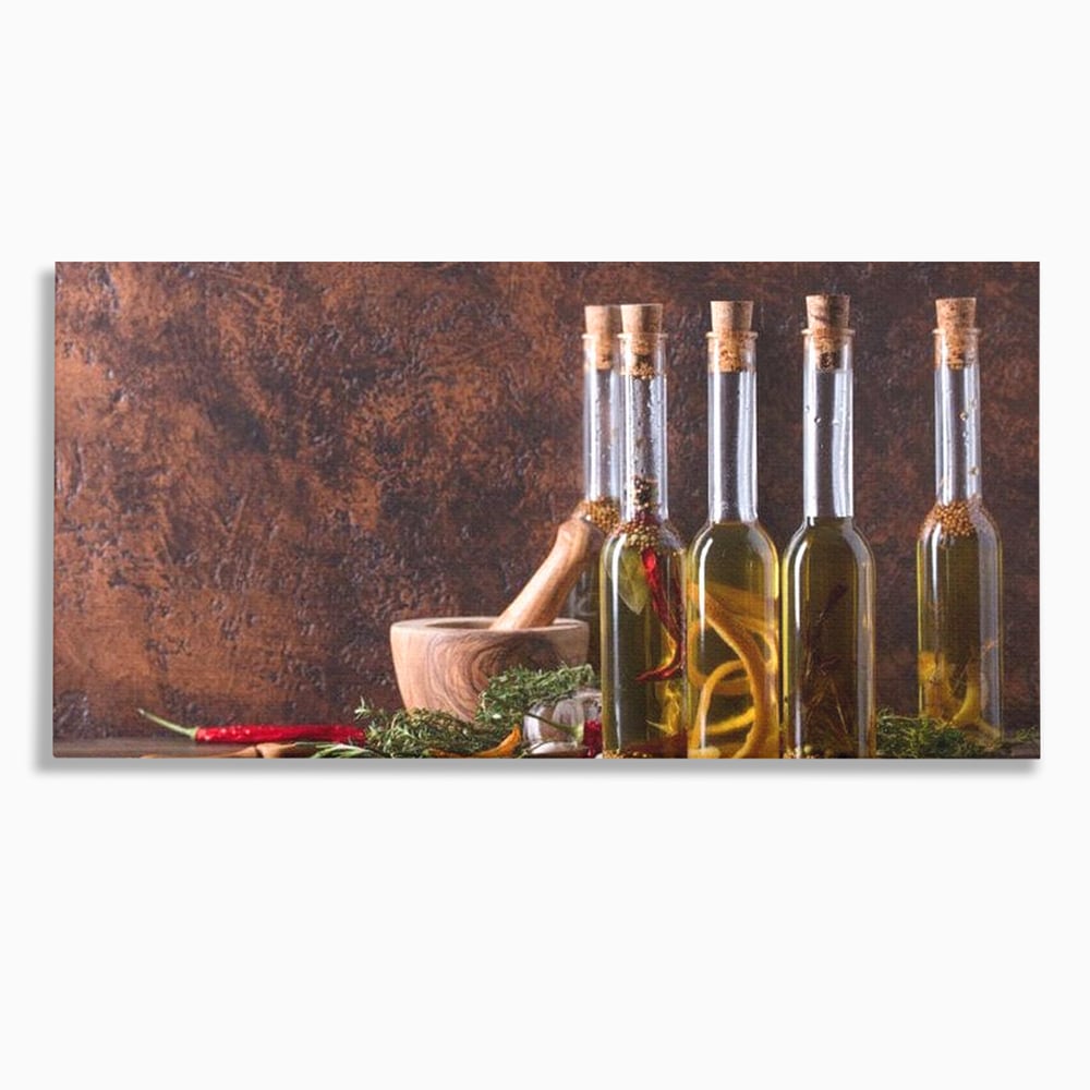Tablou Canvas Premium, LuxCanva® N1083, Secretul Bucatarului, Sticle, Ulei, Condimente, Ierburi, Picanterie, Rustic, Italian, Traditie, Ingrediente, Gastronomie, Restaurant, Bucatarie