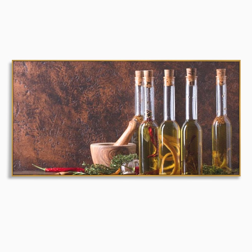 Tablou Canvas Premium, LuxCanva® N1083, Secretul Bucatarului, Sticle, Ulei, Condimente, Ierburi, Picanterie, Rustic, Italian, Traditie, Ingrediente, Gastronomie, Restaurant, Bucatarie