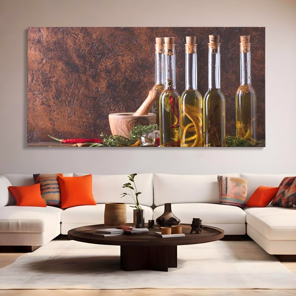 Tablou Canvas Premium, LuxCanva® N1083, Secretul Bucatarului, Sticle, Ulei, Condimente, Ierburi, Picanterie, Rustic, Italian, Traditie, Ingrediente, Gastronomie, Restaurant, Bucatarie