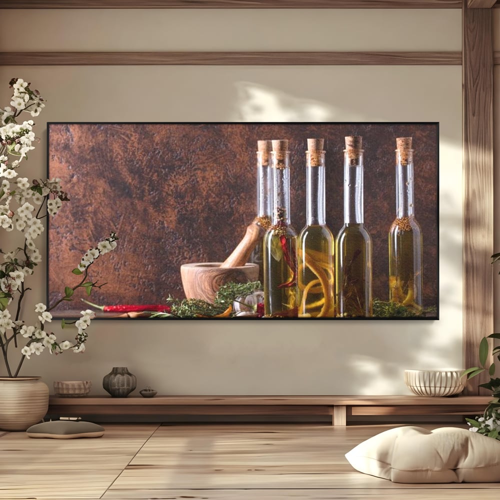 Tablou Canvas Premium, LuxCanva® N1083, Secretul Bucatarului, Sticle, Ulei, Condimente, Ierburi, Picanterie, Rustic, Italian, Traditie, Ingrediente, Gastronomie, Restaurant, Bucatarie