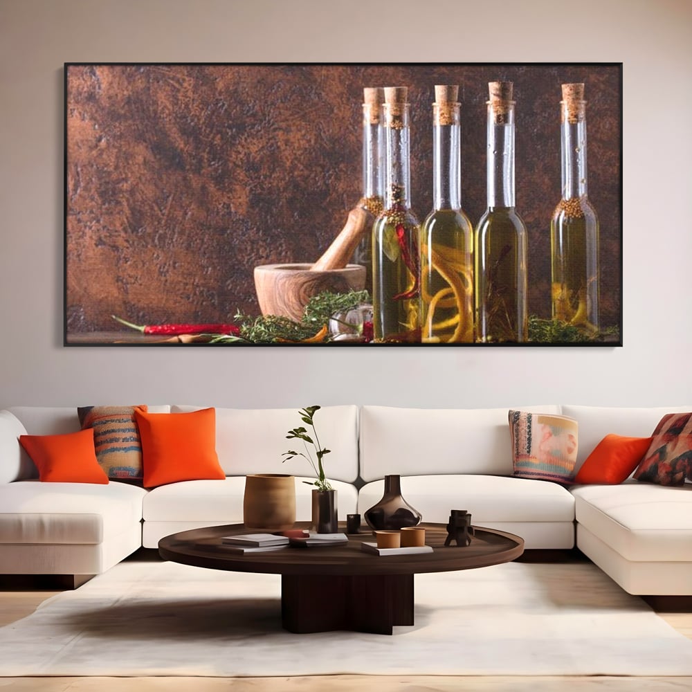 Tablou Canvas Premium, LuxCanva® N1083, Secretul Bucatarului, Sticle, Ulei, Condimente, Ierburi, Picanterie, Rustic, Italian, Traditie, Ingrediente, Gastronomie, Restaurant, Bucatarie