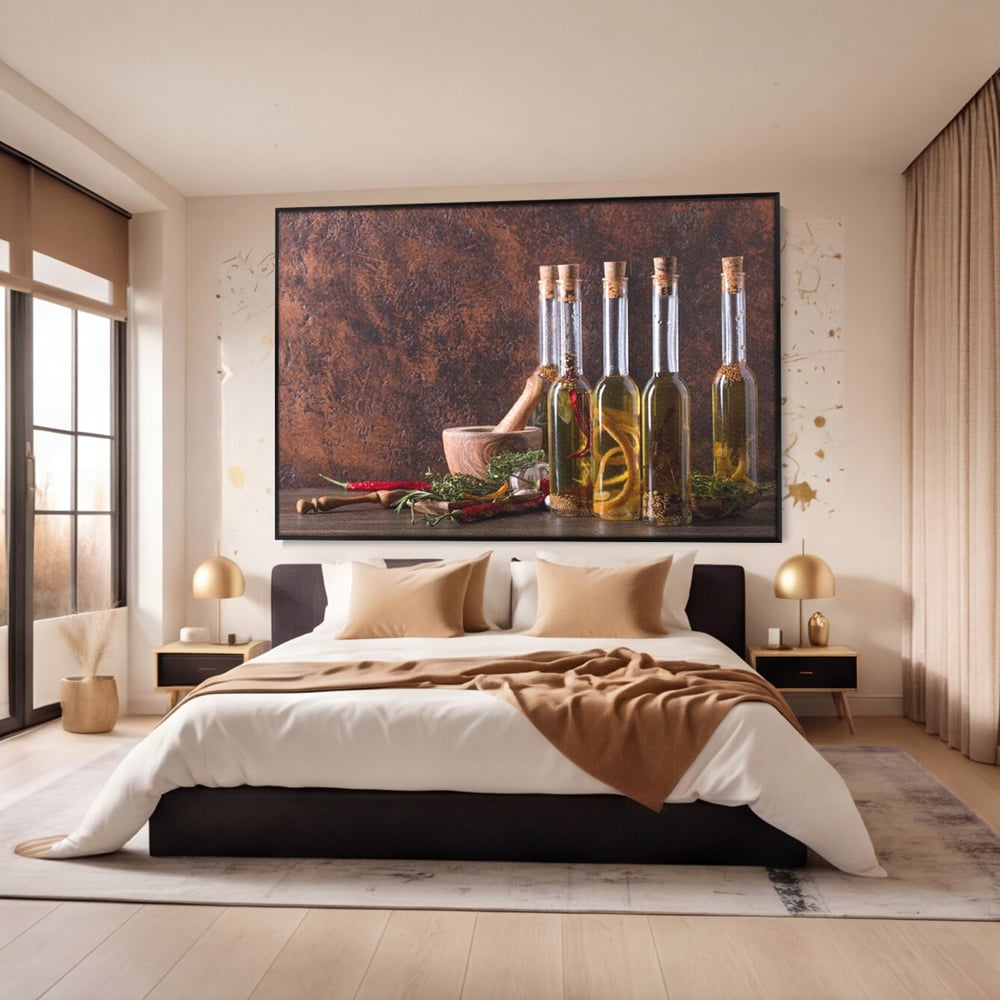 Tablou Canvas Premium, LuxCanva® N1083, Secretul Bucatarului, Sticle, Ulei, Condimente, Ierburi, Picanterie, Rustic, Italian, Traditie, Ingrediente, Gastronomie, Restaurant, Bucatarie