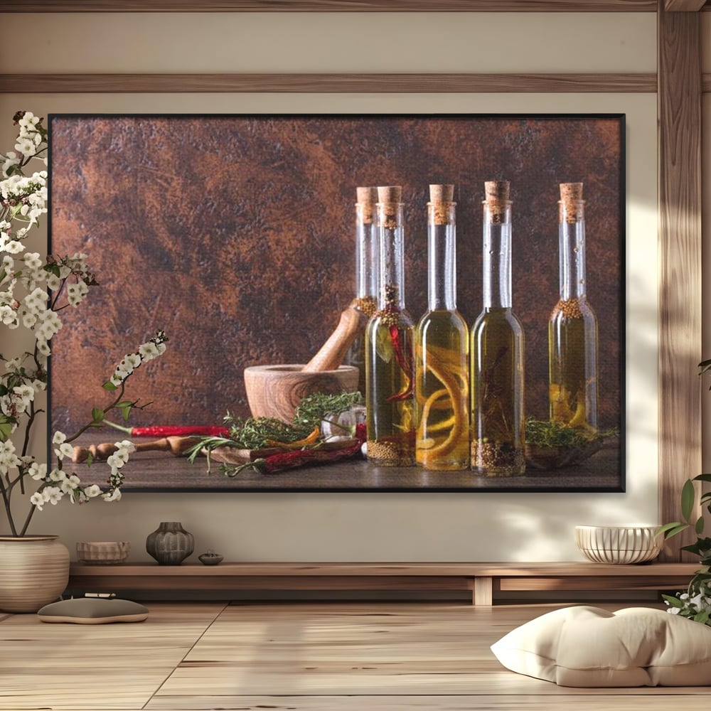 Tablou Canvas Premium, LuxCanva® N1083, Secretul Bucatarului, Sticle, Ulei, Condimente, Ierburi, Picanterie, Rustic, Italian, Traditie, Ingrediente, Gastronomie, Restaurant, Bucatarie