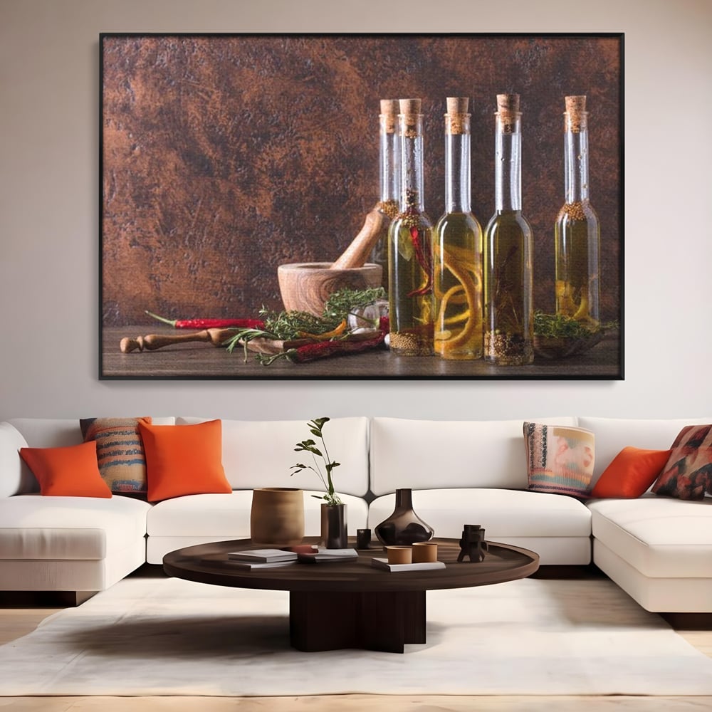 Tablou Canvas Premium, LuxCanva® N1083, Secretul Bucatarului, Sticle, Ulei, Condimente, Ierburi, Picanterie, Rustic, Italian, Traditie, Ingrediente, Gastronomie, Restaurant, Bucatarie