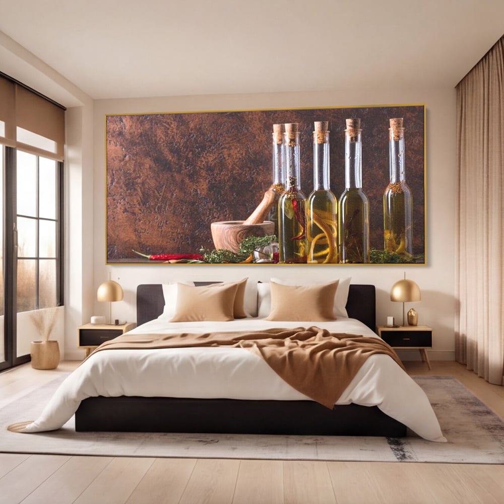 Tablou Canvas Premium, LuxCanva® N1083, Secretul Bucatarului, Sticle, Ulei, Condimente, Ierburi, Picanterie, Rustic, Italian, Traditie, Ingrediente, Gastronomie, Restaurant, Bucatarie
