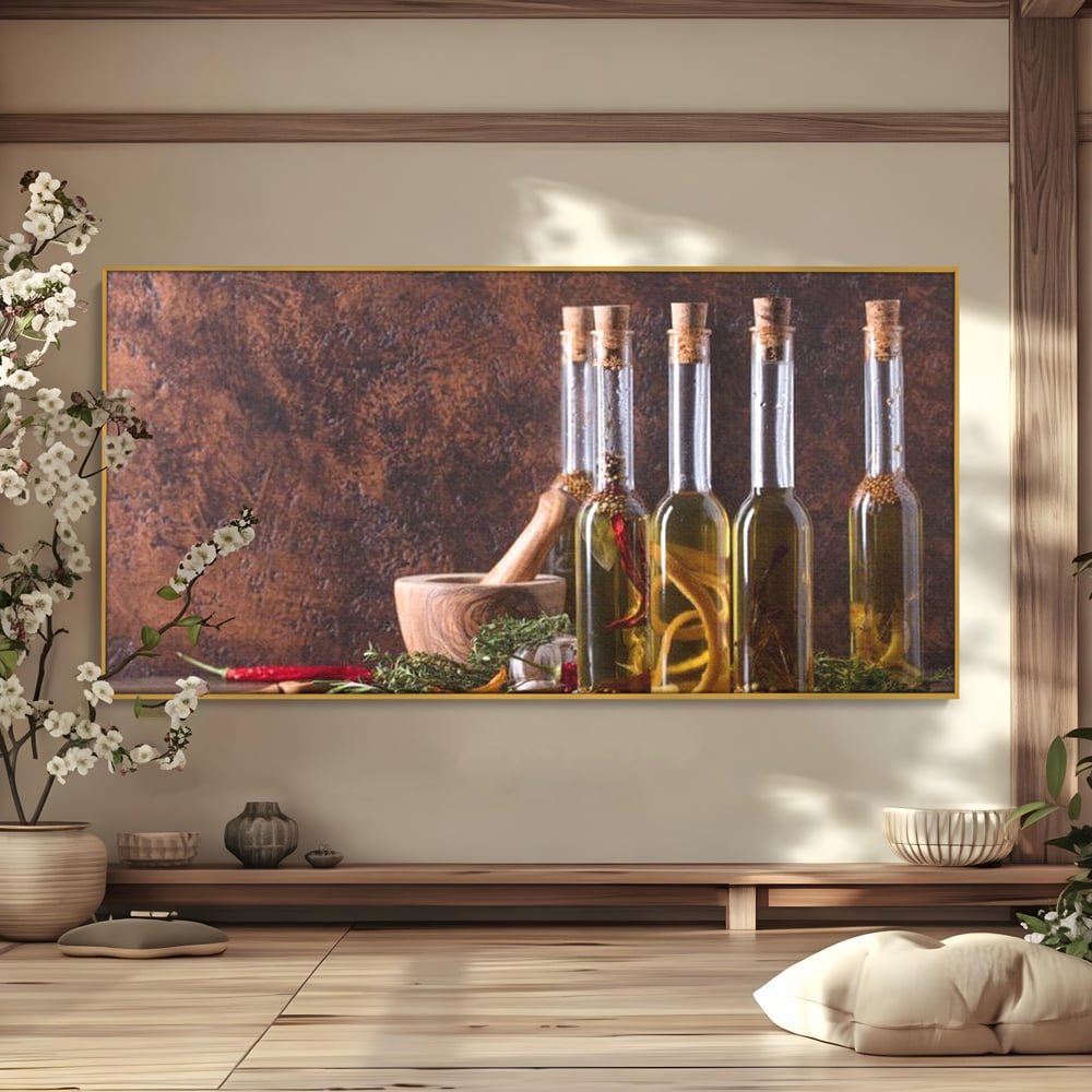 Tablou Canvas Premium, LuxCanva® N1083, Secretul Bucatarului, Sticle, Ulei, Condimente, Ierburi, Picanterie, Rustic, Italian, Traditie, Ingrediente, Gastronomie, Restaurant, Bucatarie