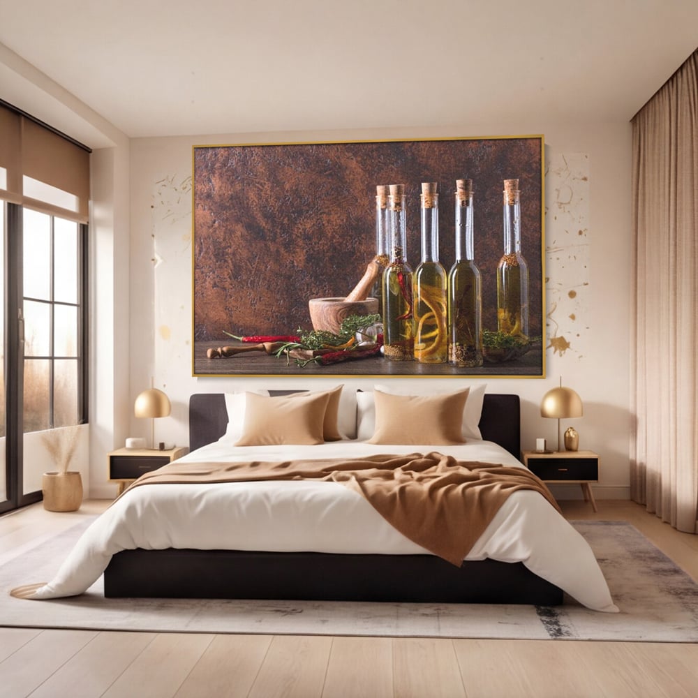 Tablou Canvas Premium, LuxCanva® N1083, Secretul Bucatarului, Sticle, Ulei, Condimente, Ierburi, Picanterie, Rustic, Italian, Traditie, Ingrediente, Gastronomie, Restaurant, Bucatarie