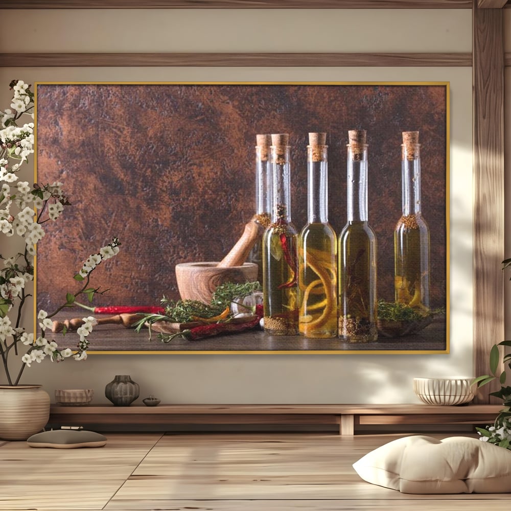 Tablou Canvas Premium, LuxCanva® N1083, Secretul Bucatarului, Sticle, Ulei, Condimente, Ierburi, Picanterie, Rustic, Italian, Traditie, Ingrediente, Gastronomie, Restaurant, Bucatarie
