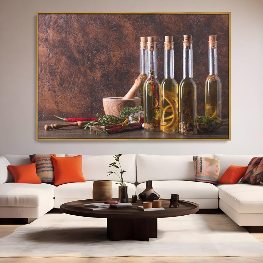 Tablou Canvas Premium, LuxCanva® N1083, Secretul Bucatarului, Sticle, Ulei, Condimente, Ierburi, Picanterie, Rustic, Italian, Traditie, Ingrediente, Gastronomie, Restaurant, Bucatarie