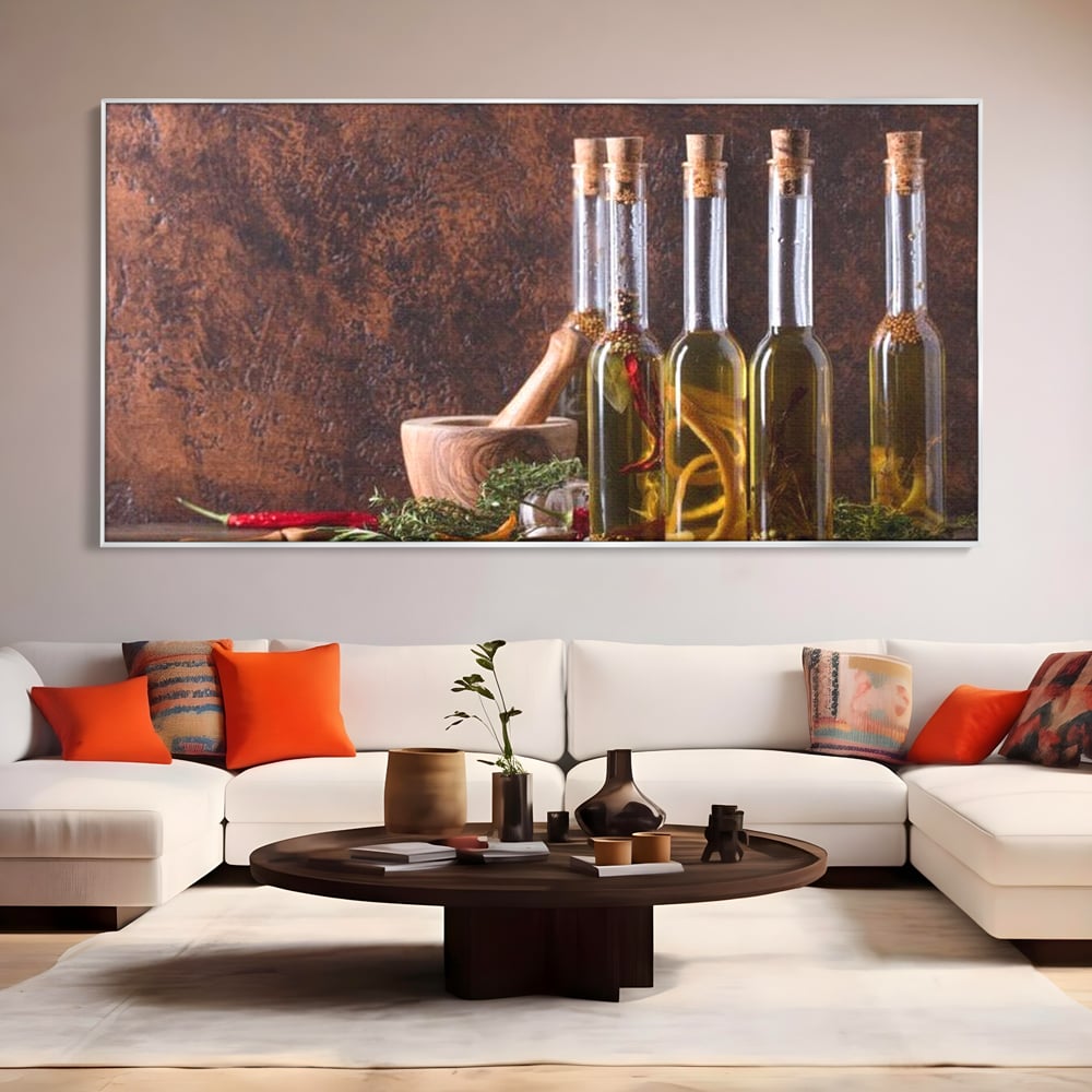 Tablou Canvas Premium, LuxCanva® N1083, Secretul Bucatarului, Sticle, Ulei, Condimente, Ierburi, Picanterie, Rustic, Italian, Traditie, Ingrediente, Gastronomie, Restaurant, Bucatarie
