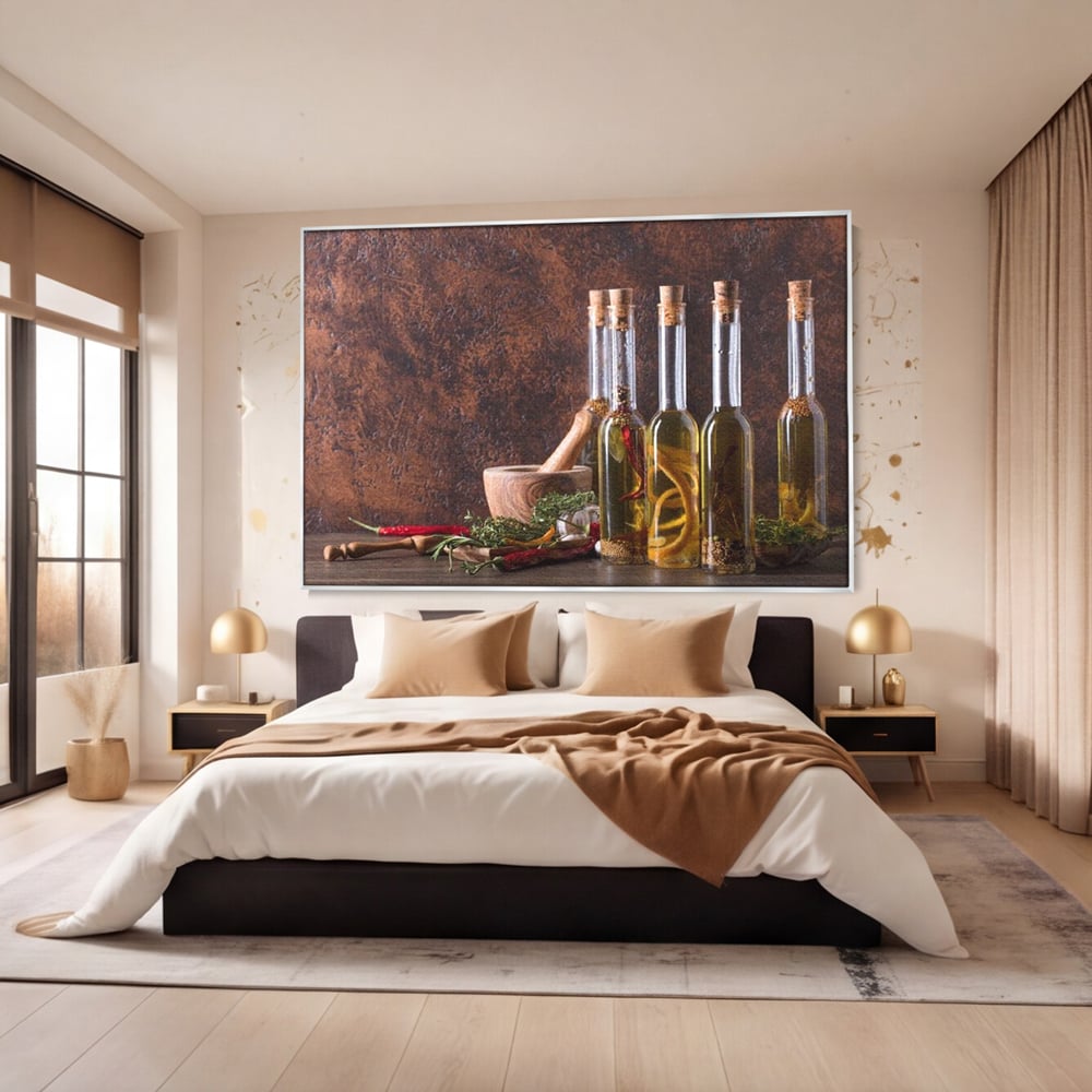 Tablou Canvas Premium, LuxCanva® N1083, Secretul Bucatarului, Sticle, Ulei, Condimente, Ierburi, Picanterie, Rustic, Italian, Traditie, Ingrediente, Gastronomie, Restaurant, Bucatarie