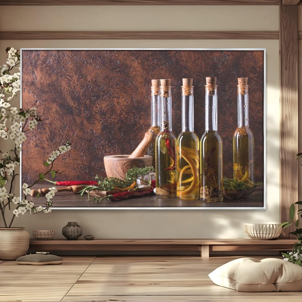 Tablou Canvas Premium, LuxCanva® N1083, Secretul Bucatarului, Sticle, Ulei, Condimente, Ierburi, Picanterie, Rustic, Italian, Traditie, Ingrediente, Gastronomie, Restaurant, Bucatarie