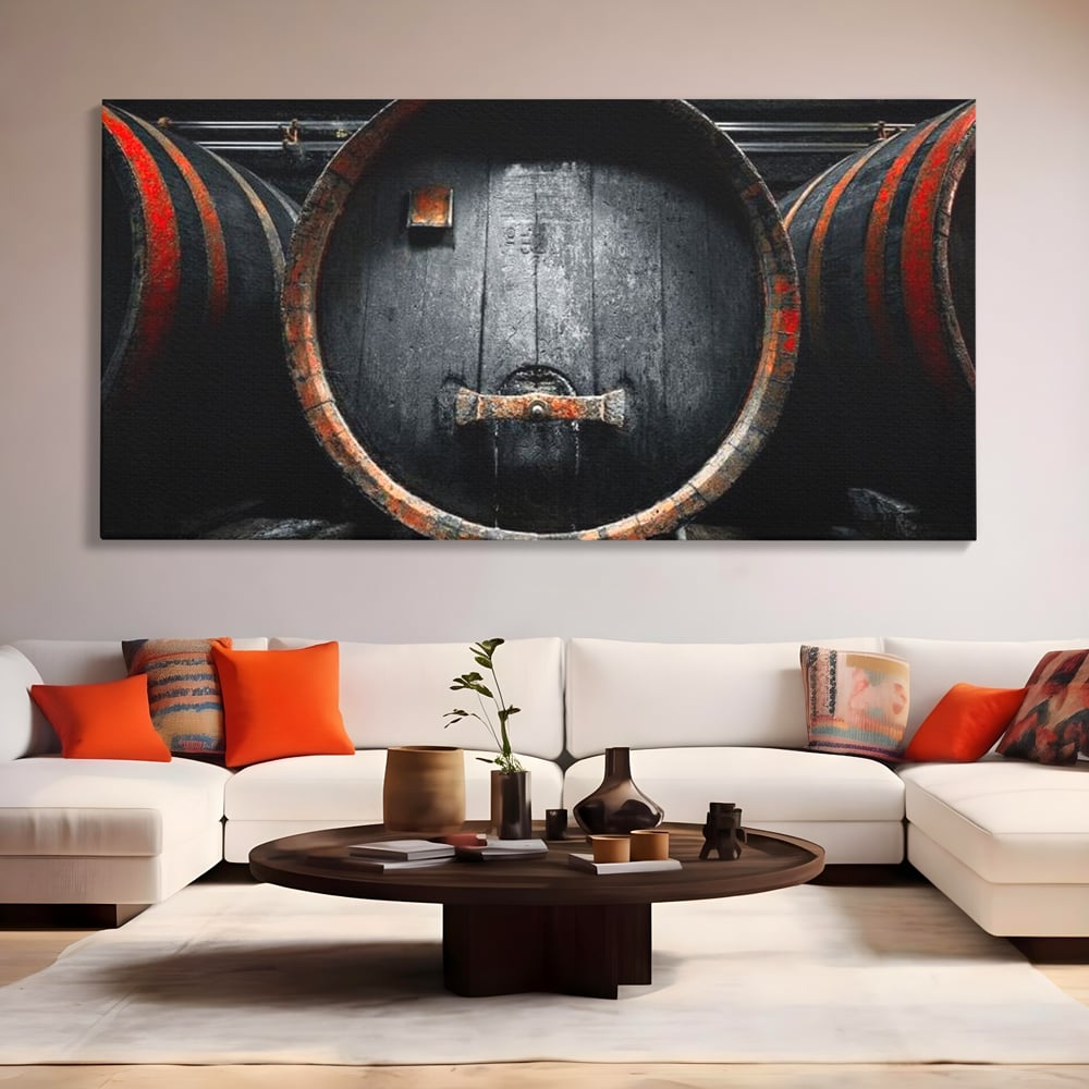 Tablou Canvas Premium, LuxCanva® N1084, Povestea Cramei, Butoi, Lemn, Vin, Bautura, Traditie, Rustic, Aroma, Secrete, Mister, Pivnita, Esenta, Pub, Bar, Restaurant, Bucatarie