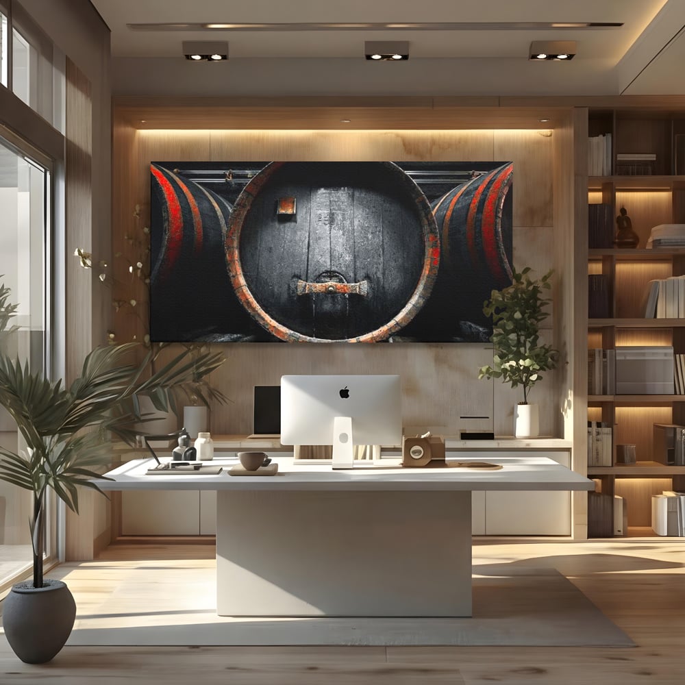 Tablou Canvas Premium, LuxCanva® N1084, Povestea Cramei, Butoi, Lemn, Vin, Bautura, Traditie, Rustic, Aroma, Secrete, Mister, Pivnita, Esenta, Pub, Bar, Restaurant, Bucatarie