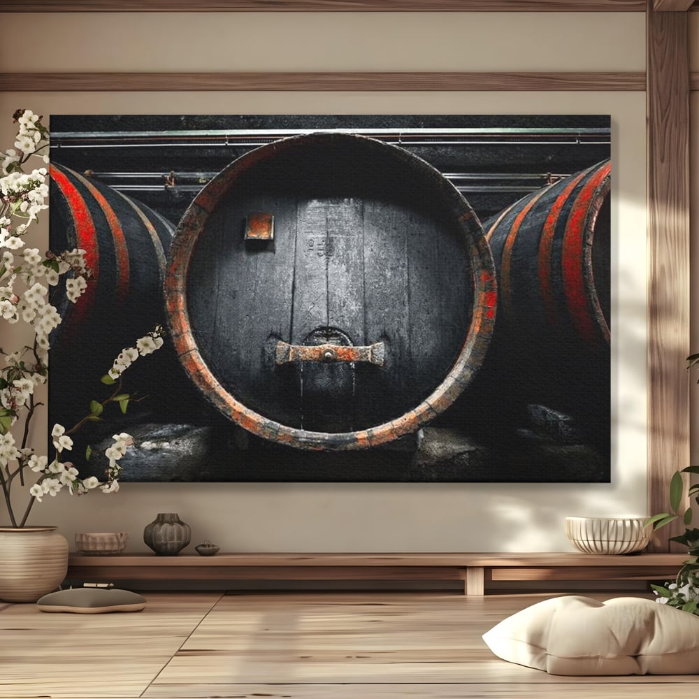 Tablou Canvas Premium, LuxCanva® N1084, Povestea Cramei, Butoi, Lemn, Vin, Bautura, Traditie, Rustic, Aroma, Secrete, Mister, Pivnita, Esenta, Pub, Bar, Restaurant, Bucatarie