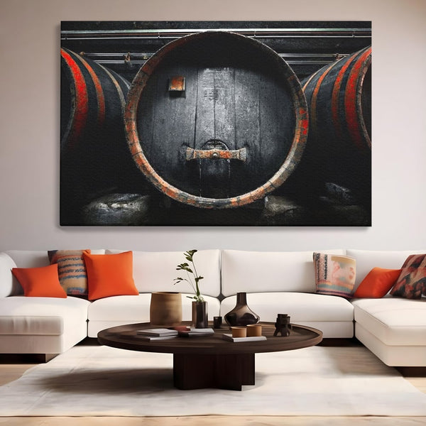 Tablou Canvas Premium, LuxCanva® N1084, Povestea Cramei, Butoi, Lemn, Vin, Bautura, Traditie, Rustic, Aroma, Secrete, Mister, Pivnita, Esenta, Pub, Bar, Restaurant, Bucatarie