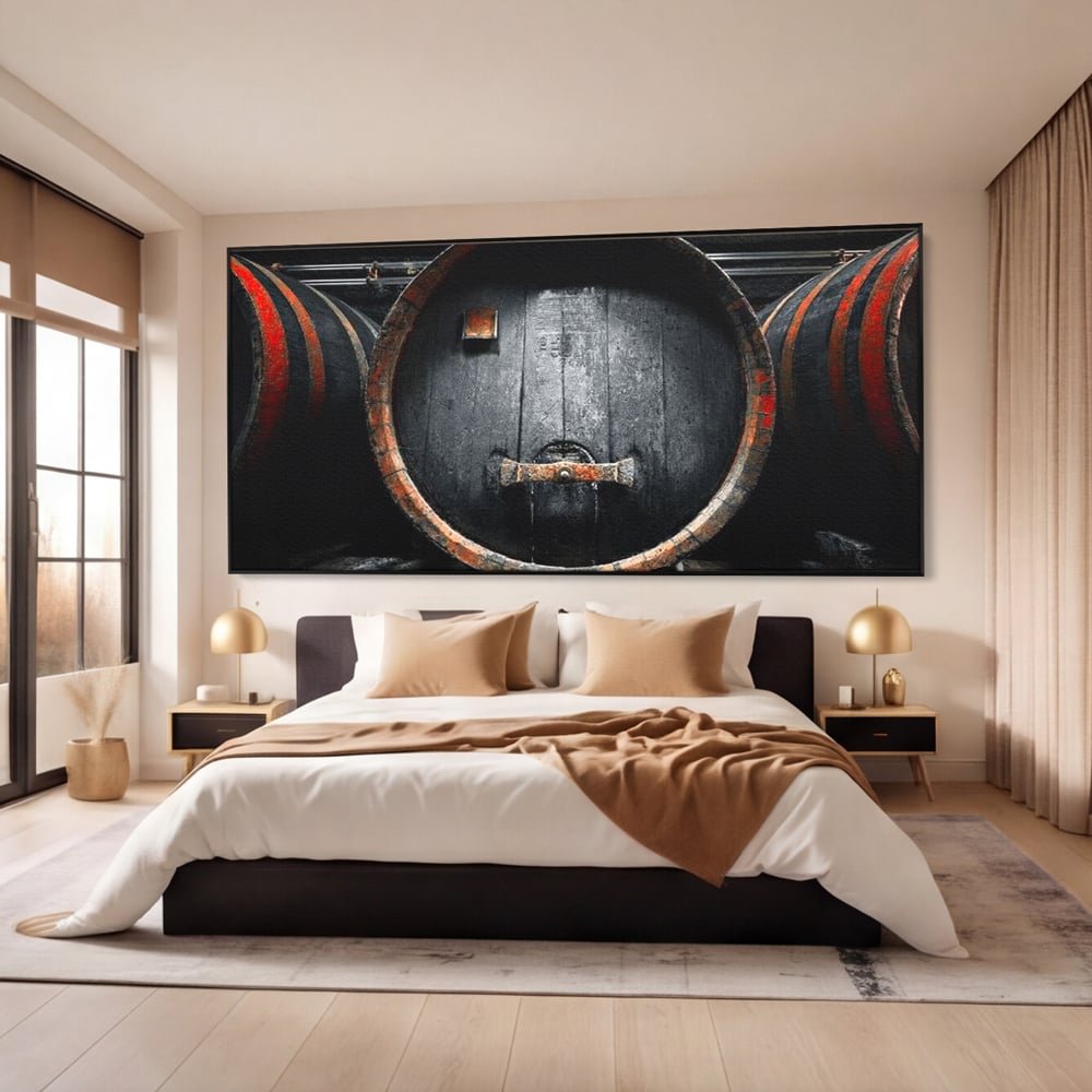 Tablou Canvas Premium, LuxCanva® N1084, Povestea Cramei, Butoi, Lemn, Vin, Bautura, Traditie, Rustic, Aroma, Secrete, Mister, Pivnita, Esenta, Pub, Bar, Restaurant, Bucatarie