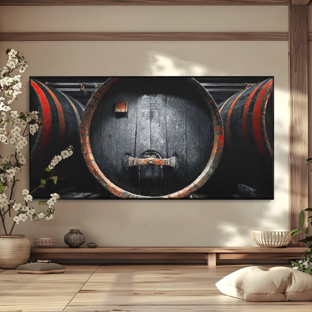 Tablou Canvas Premium, LuxCanva® N1084, Povestea Cramei, Butoi, Lemn, Vin, Bautura, Traditie, Rustic, Aroma, Secrete, Mister, Pivnita, Esenta, Pub, Bar, Restaurant, Bucatarie