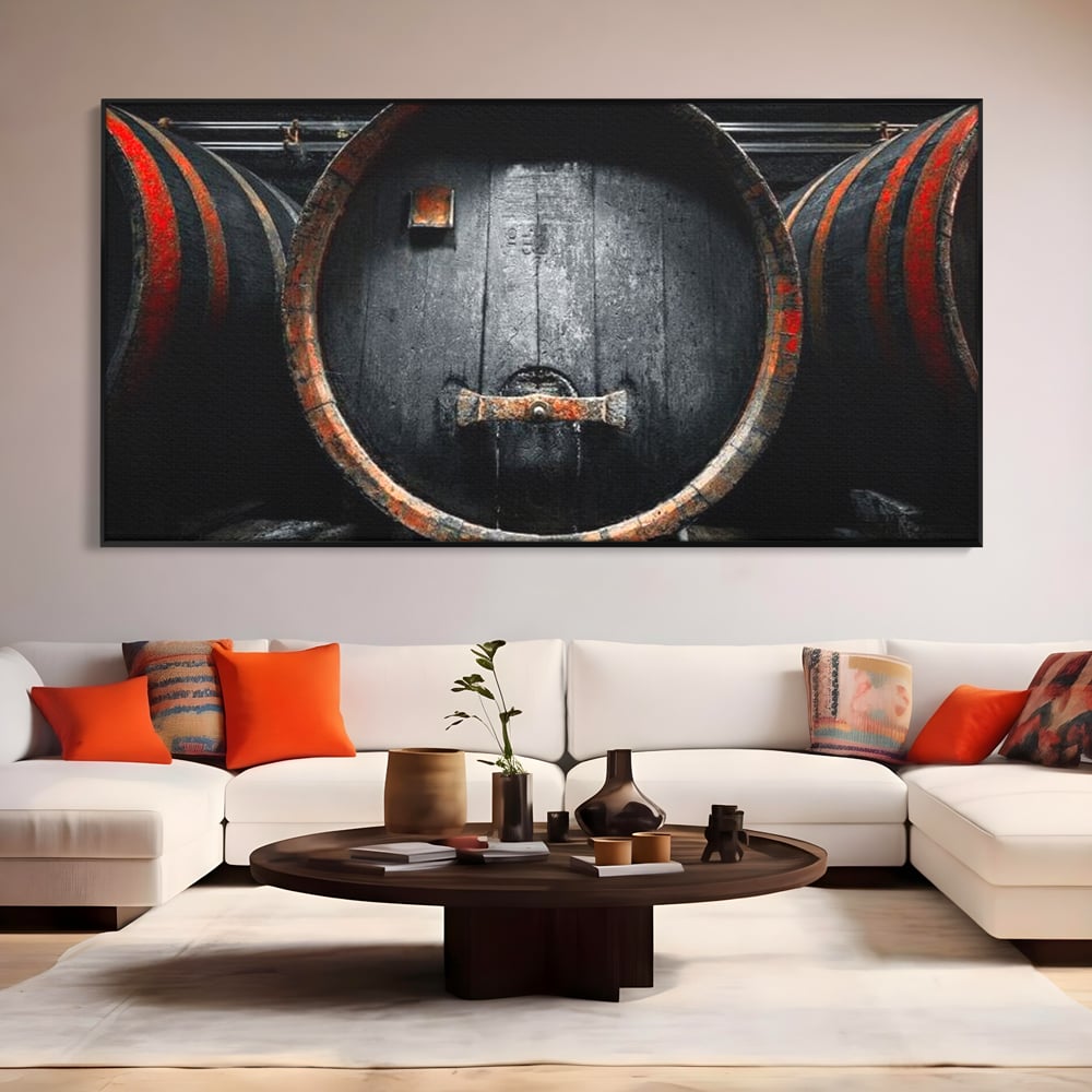 Tablou Canvas Premium, LuxCanva® N1084, Povestea Cramei, Butoi, Lemn, Vin, Bautura, Traditie, Rustic, Aroma, Secrete, Mister, Pivnita, Esenta, Pub, Bar, Restaurant, Bucatarie
