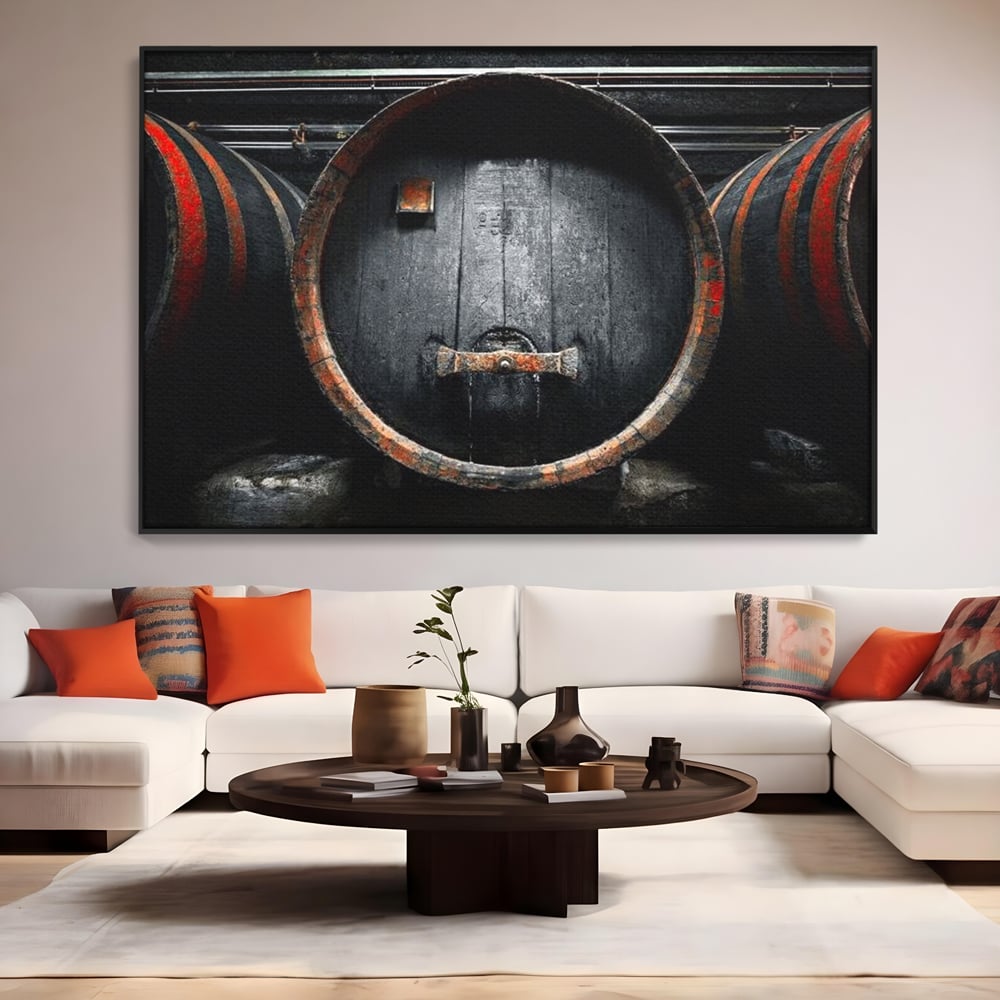 Tablou Canvas Premium, LuxCanva® N1084, Povestea Cramei, Butoi, Lemn, Vin, Bautura, Traditie, Rustic, Aroma, Secrete, Mister, Pivnita, Esenta, Pub, Bar, Restaurant, Bucatarie