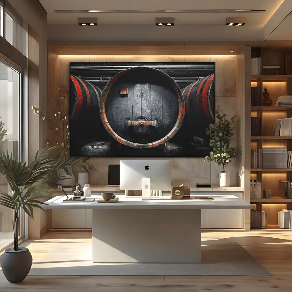 Tablou Canvas Premium, LuxCanva® N1084, Povestea Cramei, Butoi, Lemn, Vin, Bautura, Traditie, Rustic, Aroma, Secrete, Mister, Pivnita, Esenta, Pub, Bar, Restaurant, Bucatarie