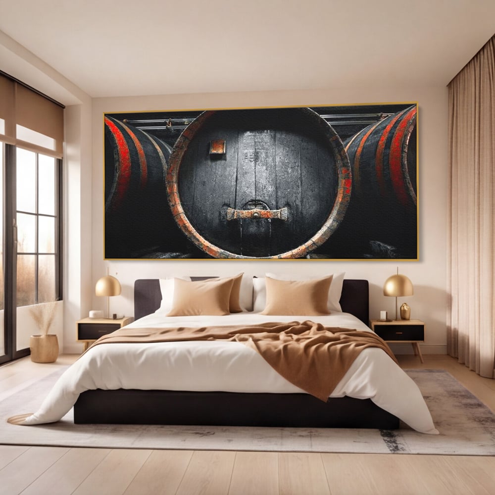 Tablou Canvas Premium, LuxCanva® N1084, Povestea Cramei, Butoi, Lemn, Vin, Bautura, Traditie, Rustic, Aroma, Secrete, Mister, Pivnita, Esenta, Pub, Bar, Restaurant, Bucatarie
