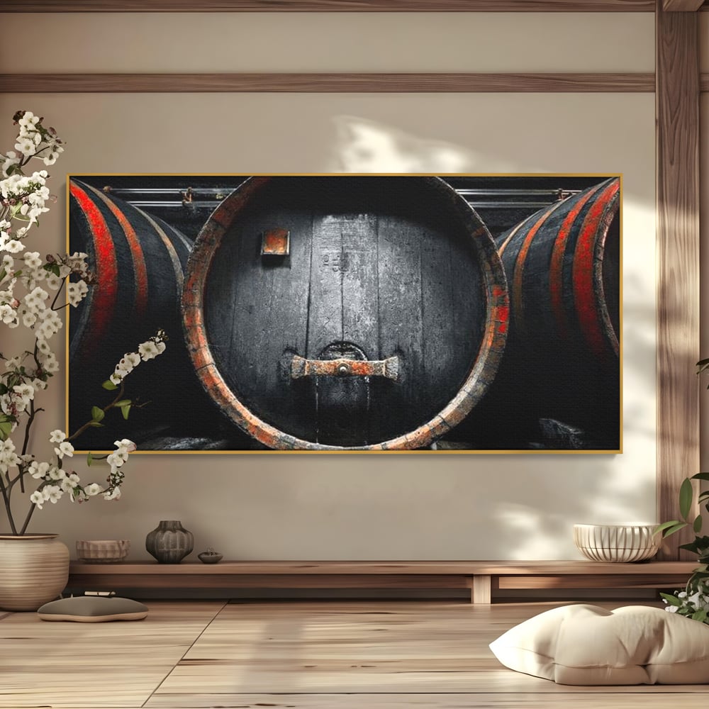 Tablou Canvas Premium, LuxCanva® N1084, Povestea Cramei, Butoi, Lemn, Vin, Bautura, Traditie, Rustic, Aroma, Secrete, Mister, Pivnita, Esenta, Pub, Bar, Restaurant, Bucatarie