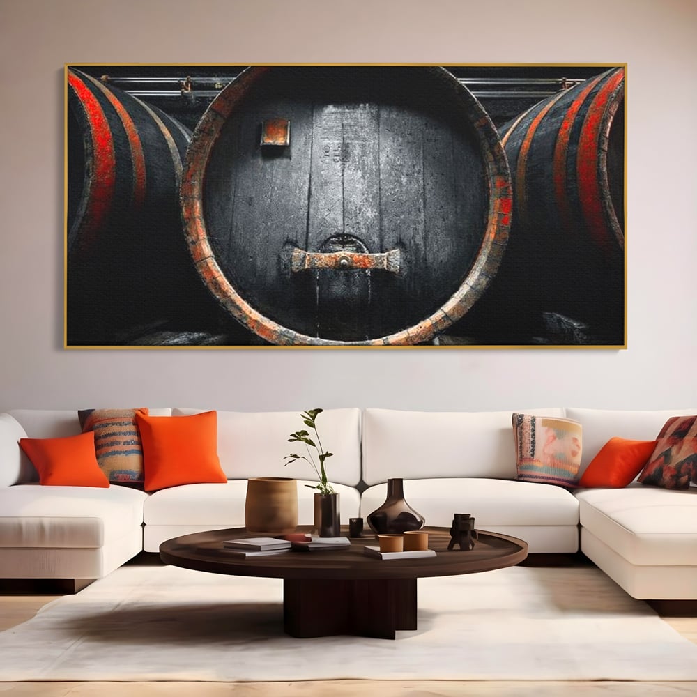 Tablou Canvas Premium, LuxCanva® N1084, Povestea Cramei, Butoi, Lemn, Vin, Bautura, Traditie, Rustic, Aroma, Secrete, Mister, Pivnita, Esenta, Pub, Bar, Restaurant, Bucatarie