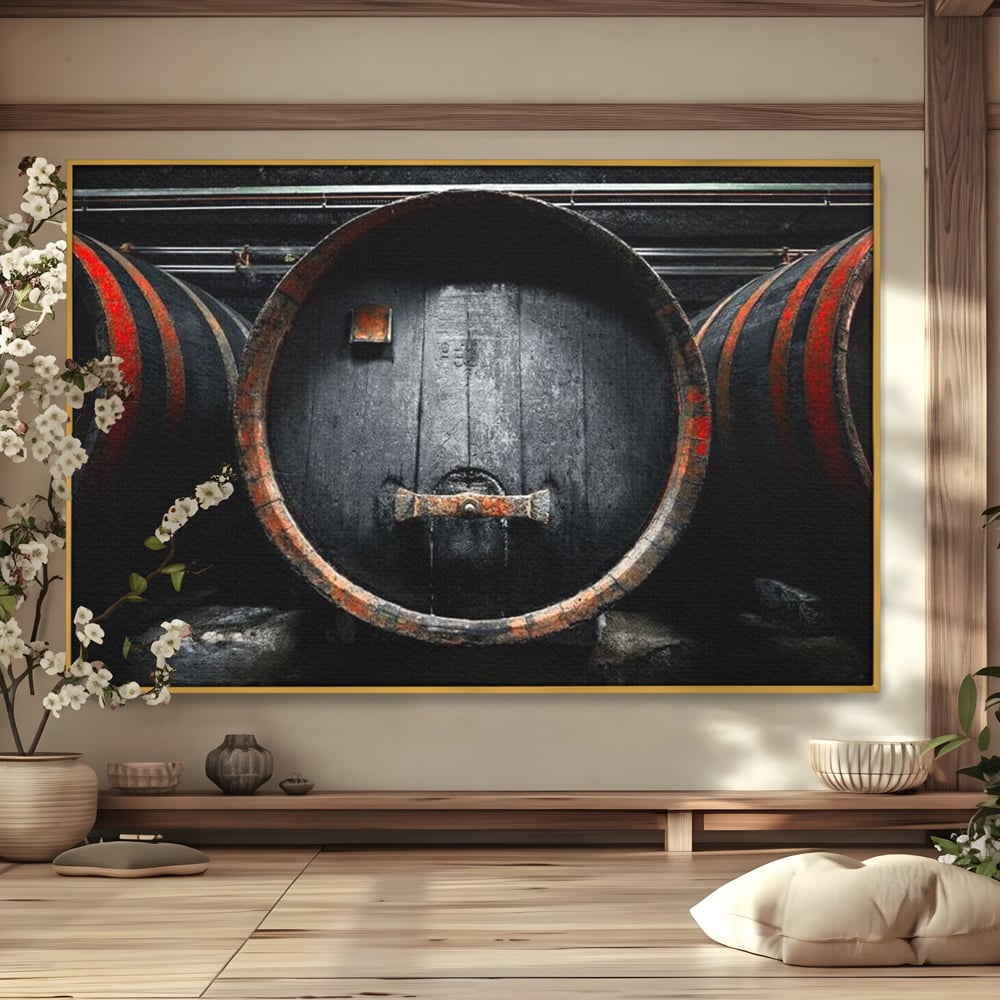 Tablou Canvas Premium, LuxCanva® N1084, Povestea Cramei, Butoi, Lemn, Vin, Bautura, Traditie, Rustic, Aroma, Secrete, Mister, Pivnita, Esenta, Pub, Bar, Restaurant, Bucatarie