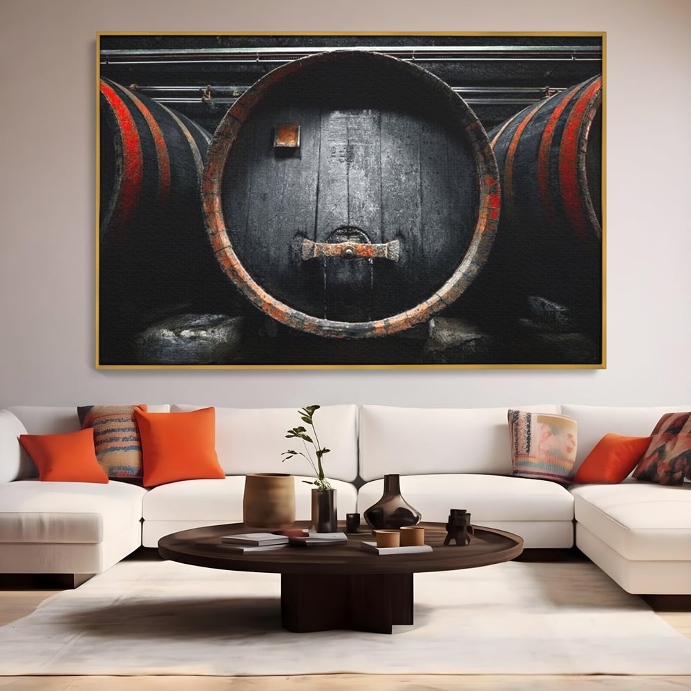 Tablou Canvas Premium, LuxCanva® N1084, Povestea Cramei, Butoi, Lemn, Vin, Bautura, Traditie, Rustic, Aroma, Secrete, Mister, Pivnita, Esenta, Pub, Bar, Restaurant, Bucatarie